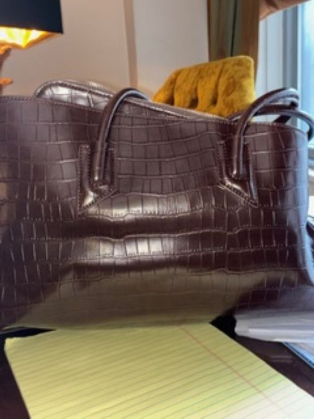 OVERSIZE TOTE BAG CROCO EMBOSSED BROWN FAUX LEAATHER